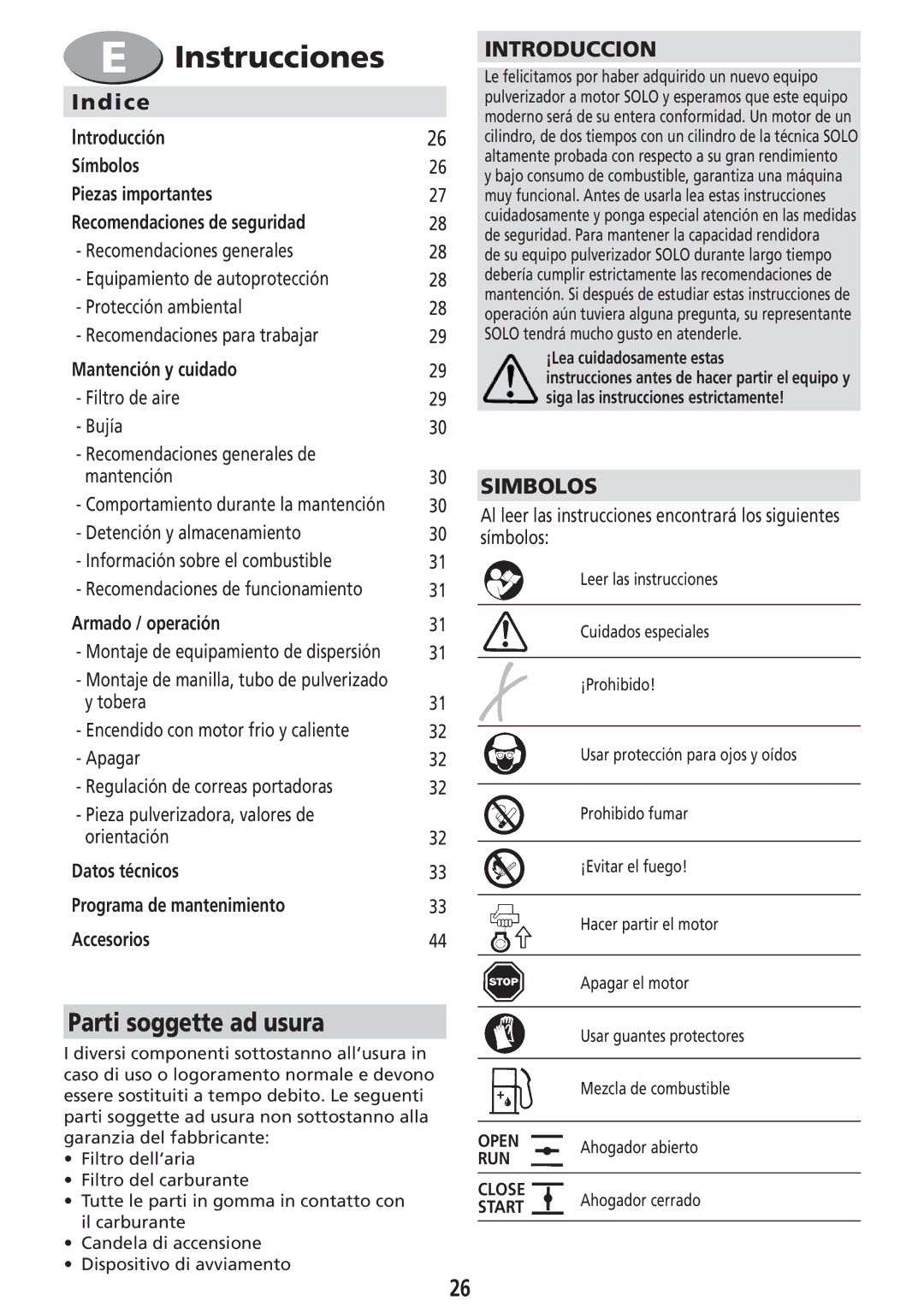 Solo USA Port 423 manual Parti soggette ad usura, Indice, Introduccion, Simbolos 