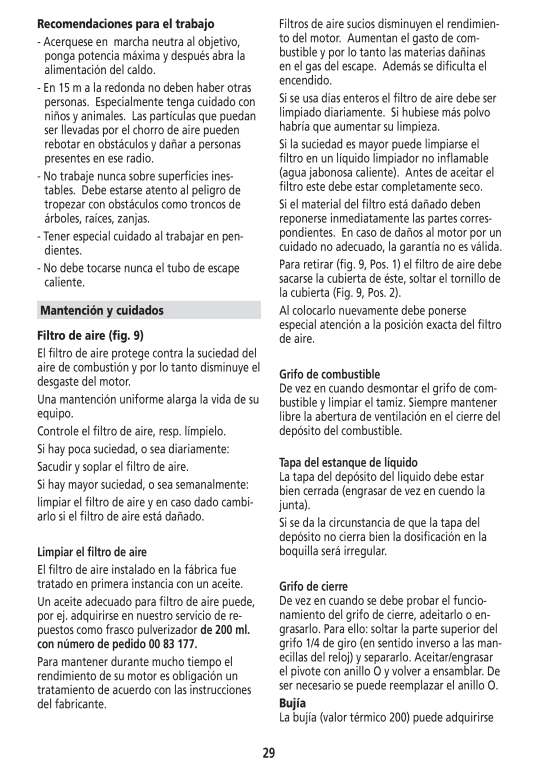 Solo USA Port 423 manual Recomendaciones para el trabajo, Mantención y cuidados Filtro de aire ﬁg, Limpiar el ﬁltro de aire 