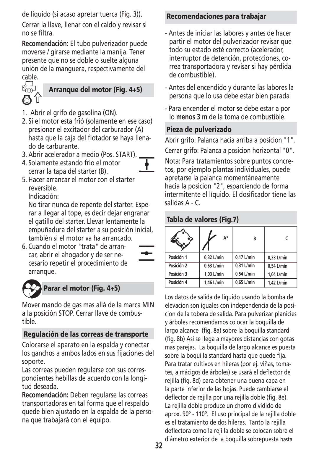 Solo USA Port 423 manual Arranque del motor +5, Parar el motor +5, Recomendaciones para trabajar, Pieza de pulverizado 