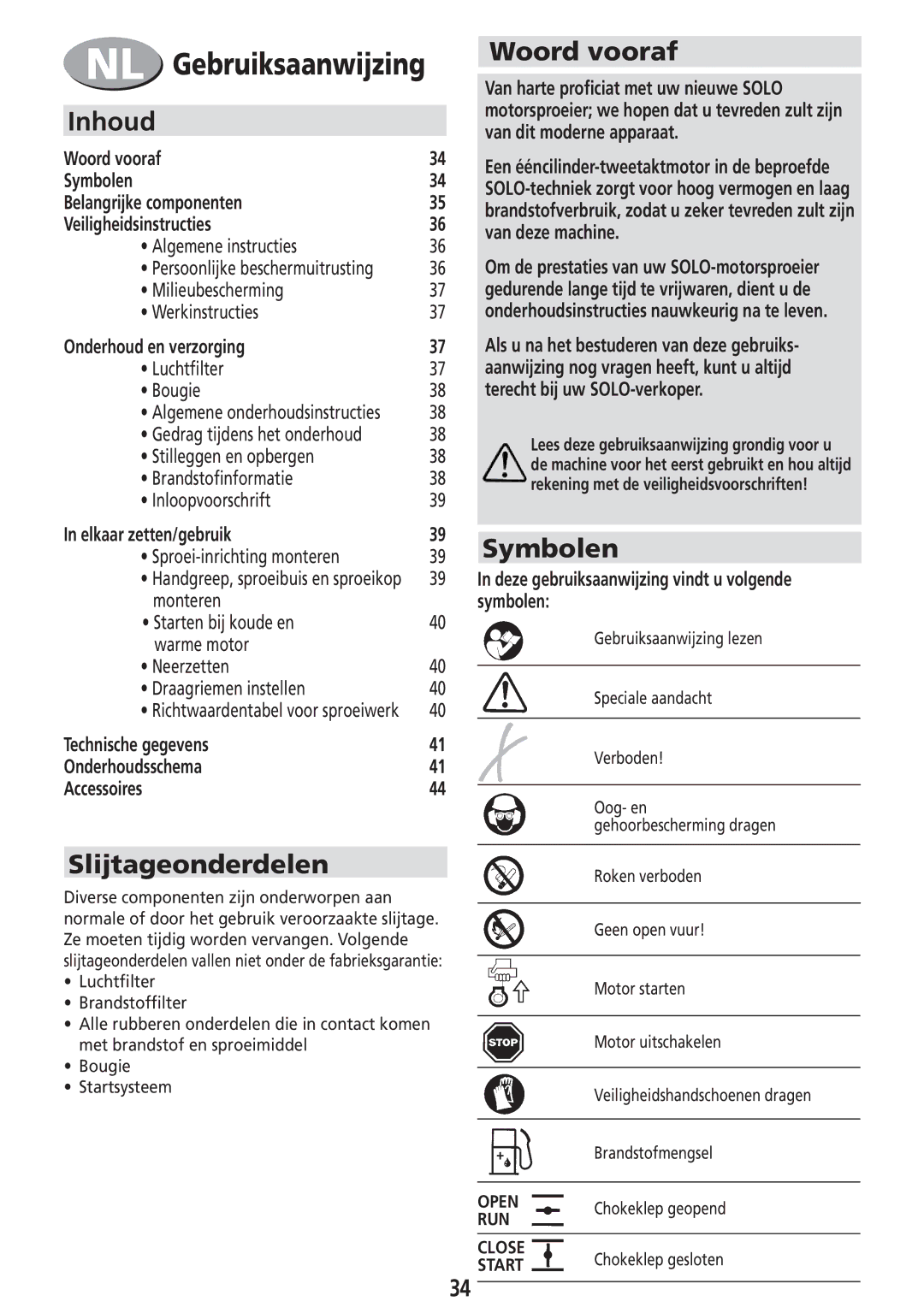 Solo USA Port 423 manual Inhoud, Slijtageonderdelen, Woord vooraf, Symbolen 