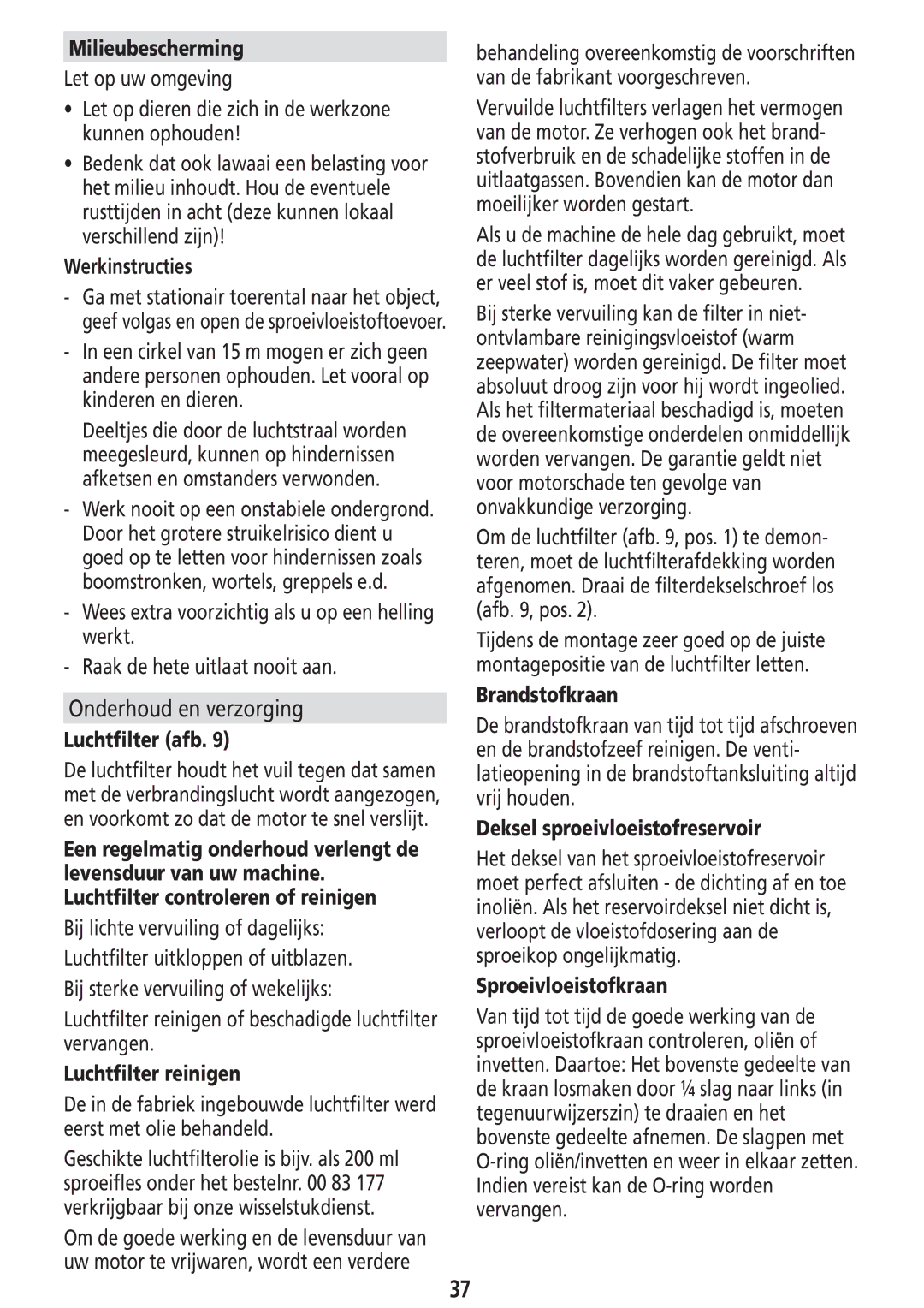 Solo USA Port 423 manual Milieubescherming, Werkinstructies, Luchtﬁlter afb, Luchtﬁlter reinigen, Brandstofkraan 