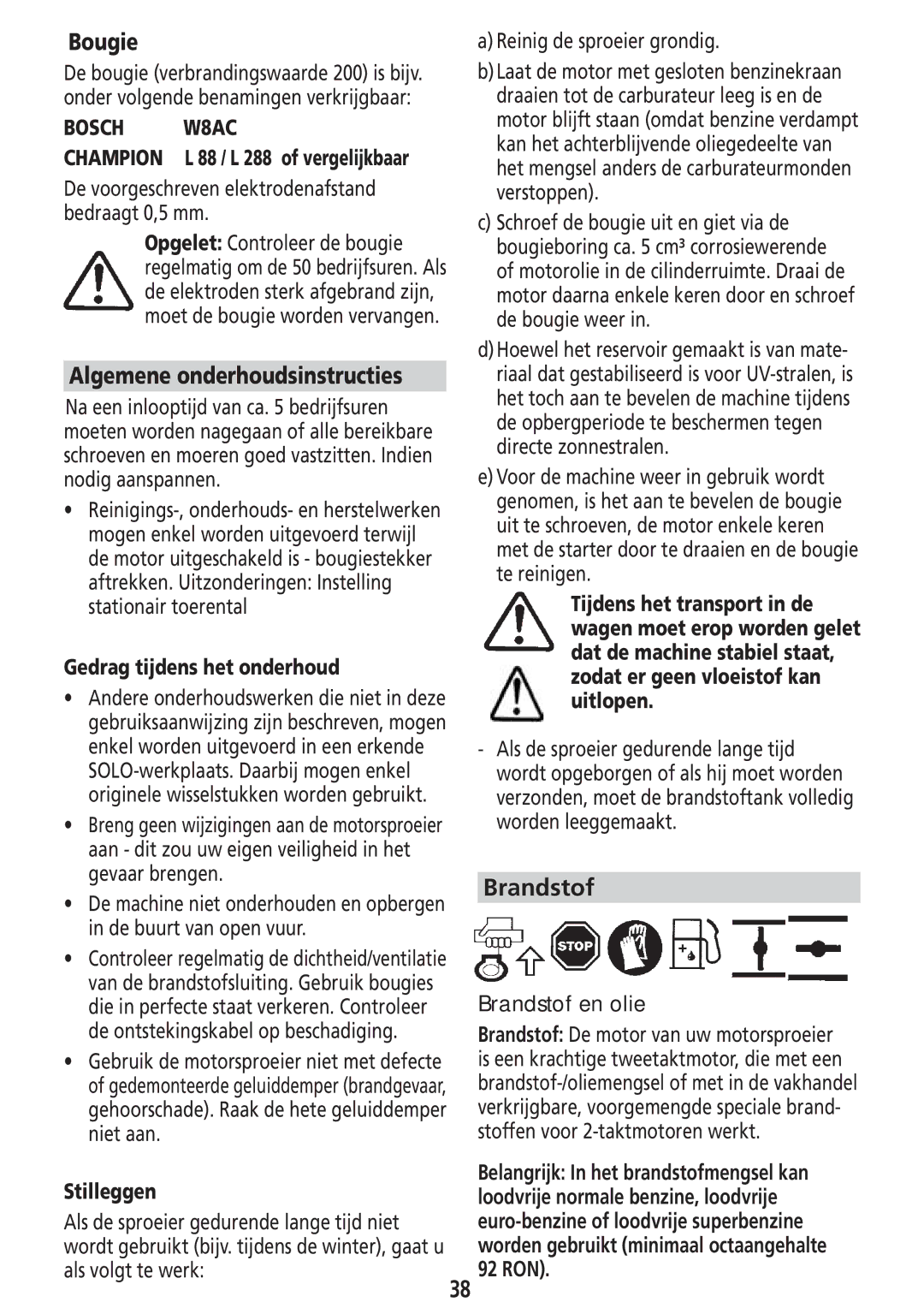 Solo USA Port 423 manual Bougie, Algemene onderhoudsinstructies, Brandstof 