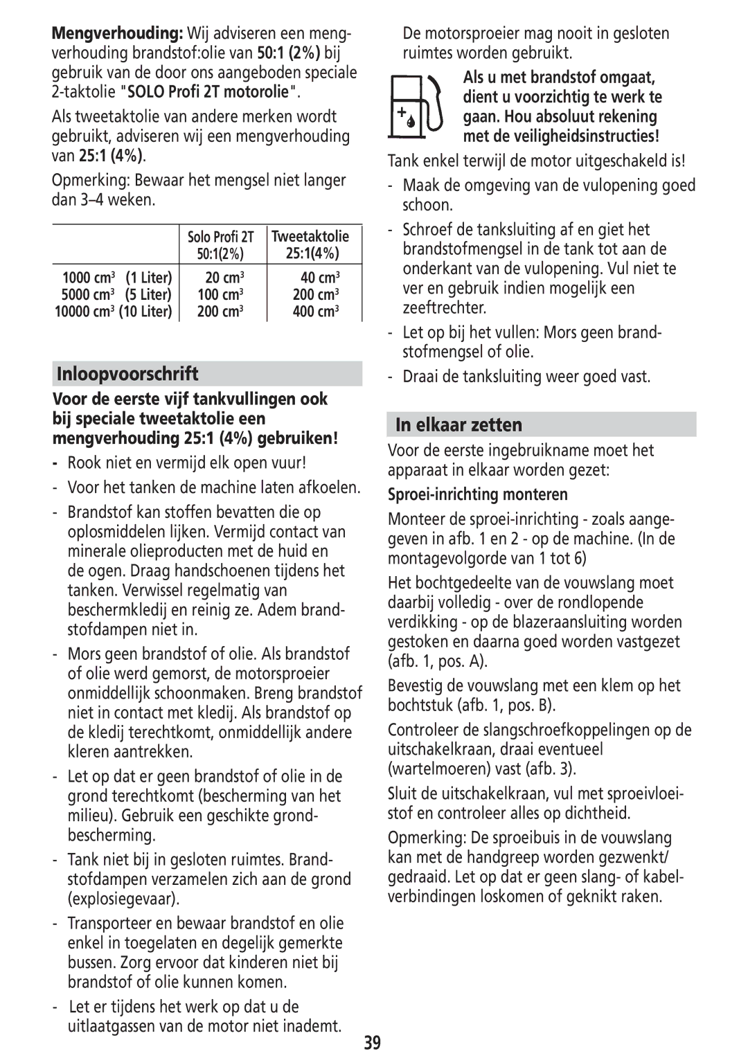 Solo USA Port 423 manual Inloopvoorschrift, Elkaar zetten, Rook niet en vermijd elk open vuur, Sproei-inrichting monteren 