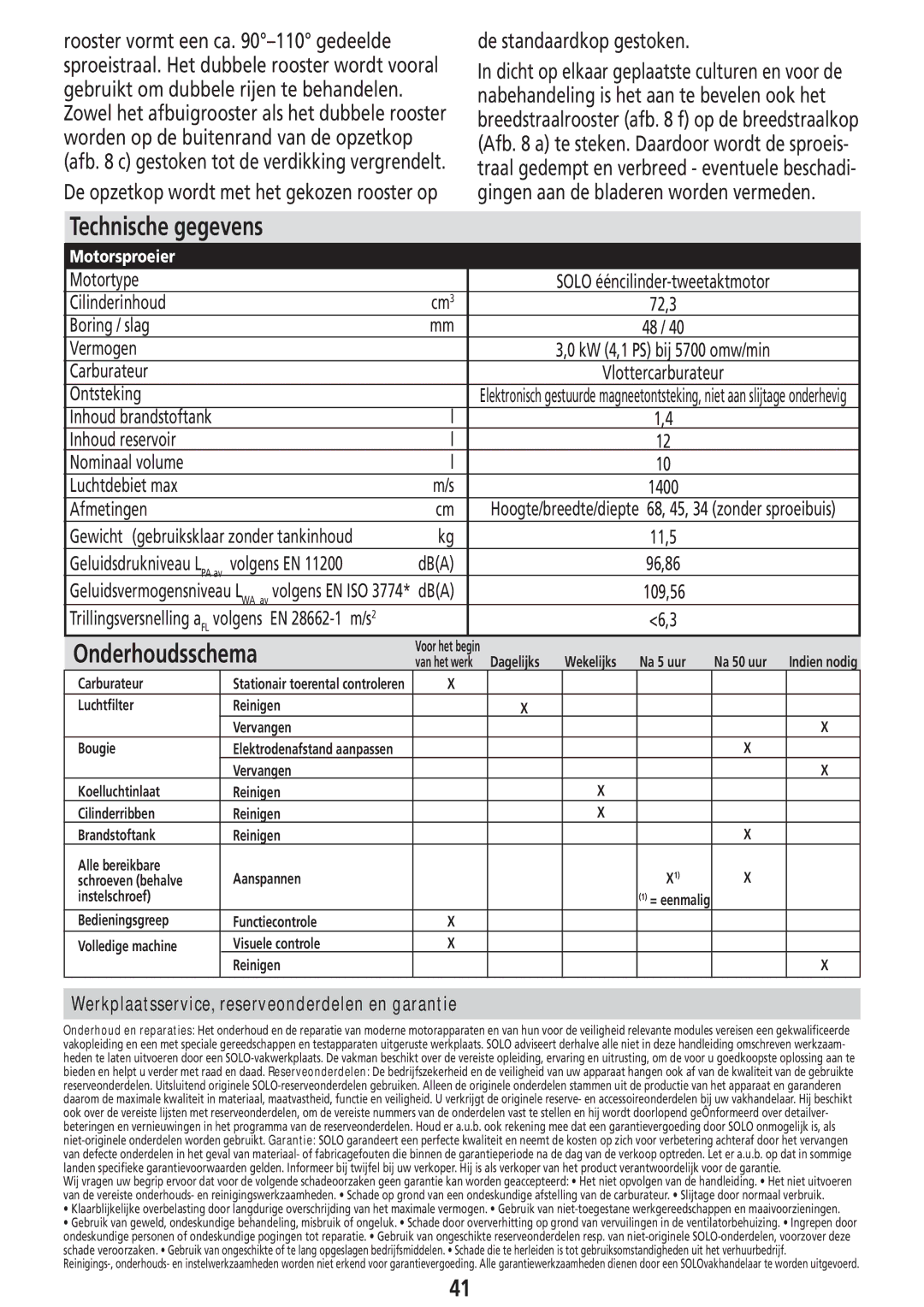 Solo USA Port 423 manual Technische gegevens, Onderhoudsschema, De standaardkop gestoken 