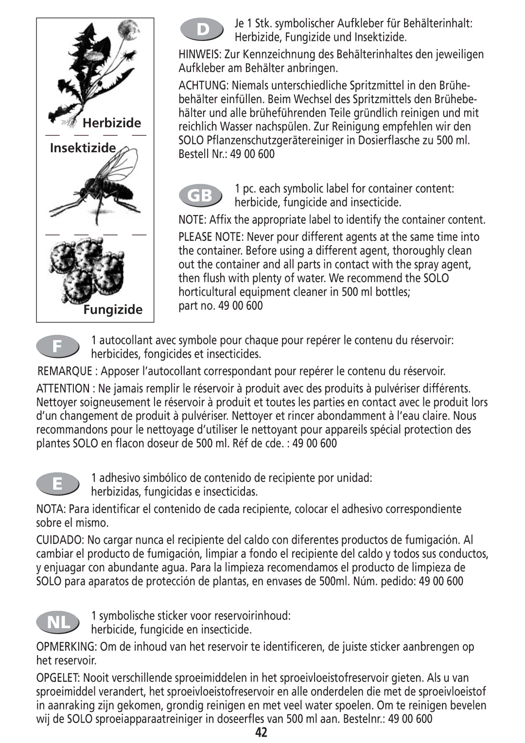 Solo USA Port 423 manual Herbizide, Fungizide und Insektizide, Herbicide, fungicide and insecticide, Part no 00 