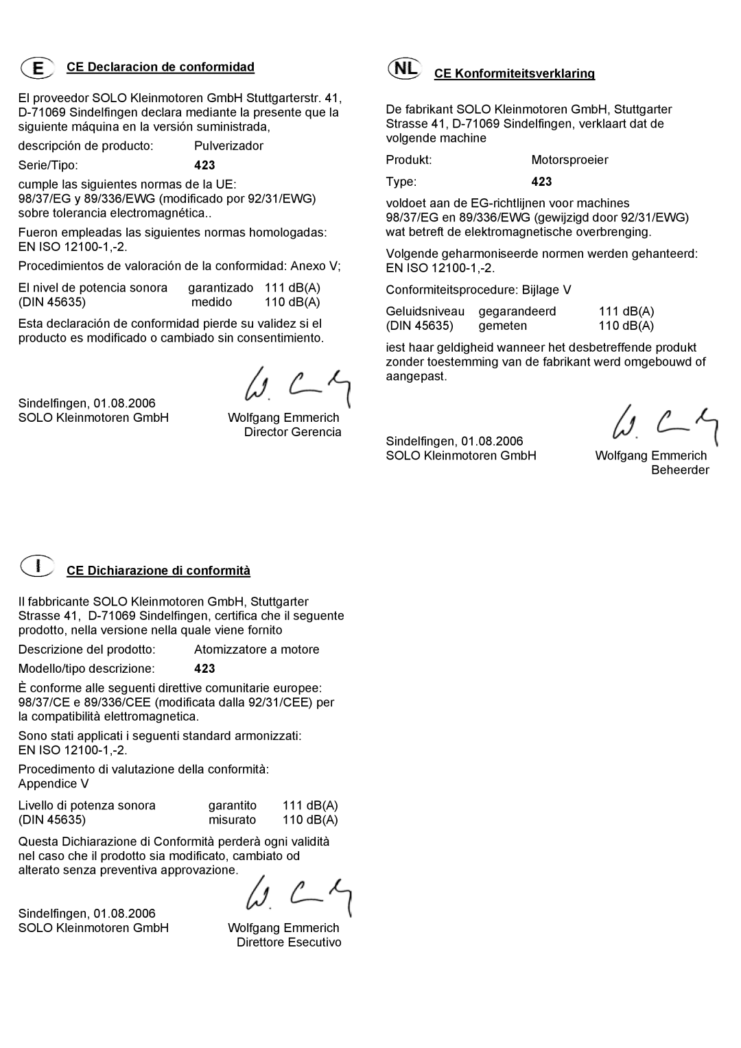 Solo USA Port 423 manual CE Declaracion de conformidad 