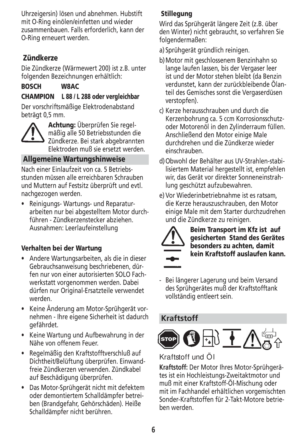 Solo USA Port 423 manual Zündkerze, Allgemeine Wartungshinweise, Kraftstoff, Bosch W8AC 