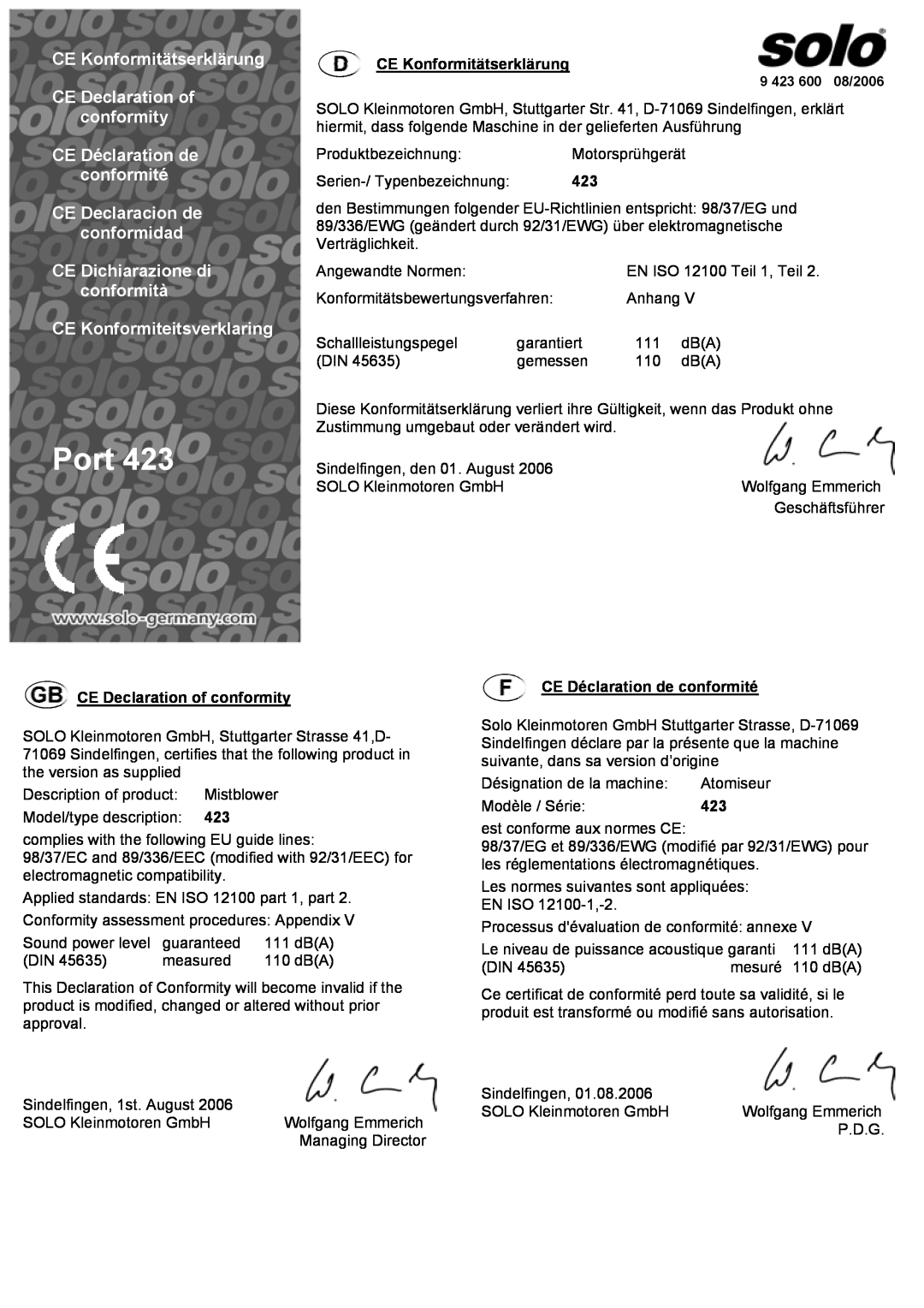 Solo USA Port 423 manual CE Konformitätserklärung CE Declaration of conformity, CE Déclaration de conformité 
