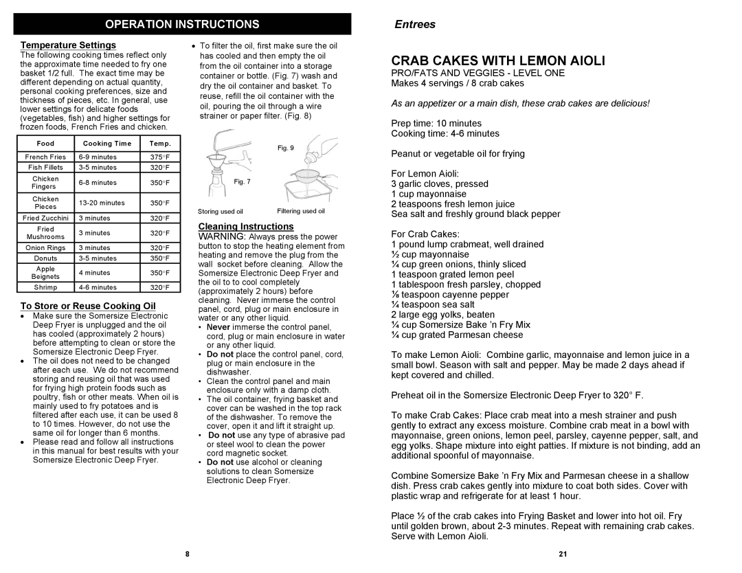 Somersize F1066SS Crab Cakes with Lemon Aioli, Temperature Settings, To Store or Reuse Cooking Oil, Cleaning Instructions 