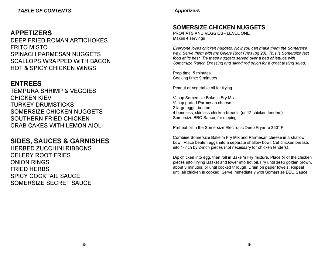 Somersize F1066SS manual Appetizers, Somersize Chicken Nuggets 