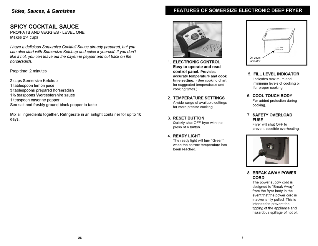 Somersize F1066SS manual Spicy Cocktail Sauce, Features of Somersize Electronic Deep Fryer 