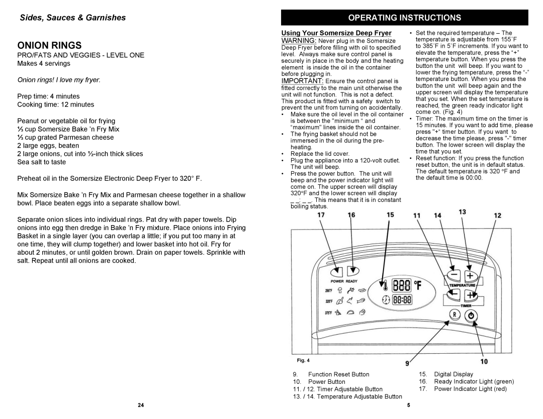 Somersize F1066SS manual Onion Rings, Using Your Somersize Deep Fryer 