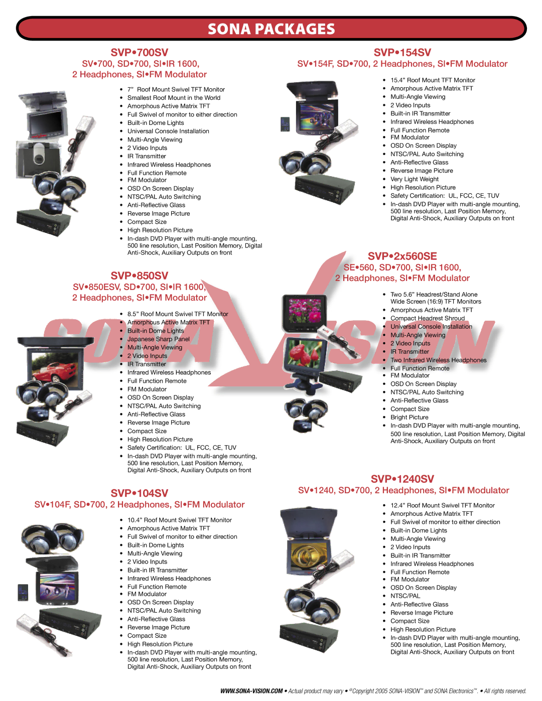 SONA Electronics SE560 manual Sona Packages, SVP700SV, SVP850SV, SVP104SV, SVP154SV 