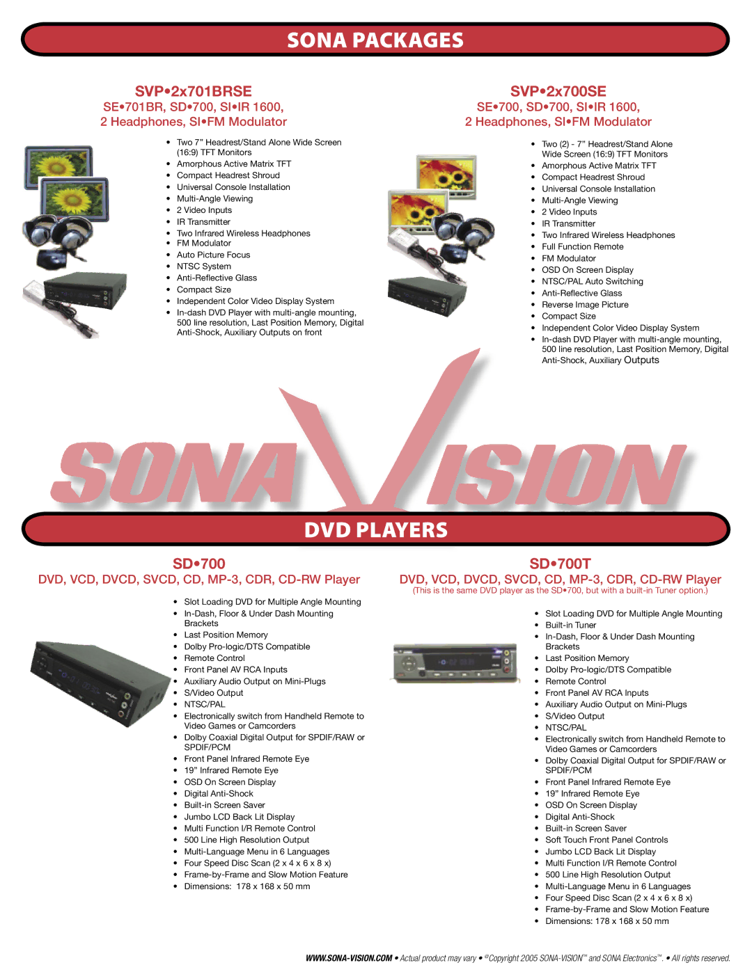 SONA Electronics SE560 manual DVD Players, SVP2x701BRSE, SVP2x700SE, SD700SD700T 