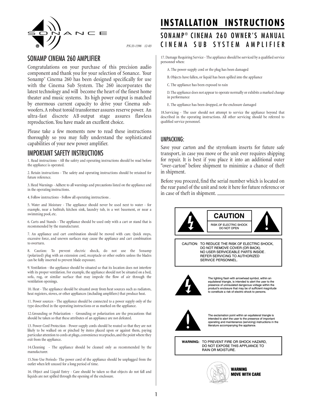 Sonance important safety instructions Sonamp Cinema 260 Amplifier, Important Safety Instructions, Unpacking 