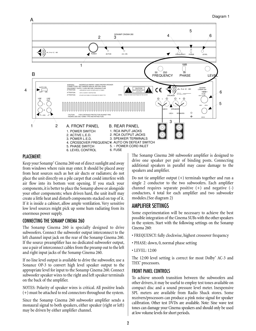 Sonance 260 important safety instructions Amplifier Settings, Placement, Connecting the Sonamp Cinema, Front Panel Controls 