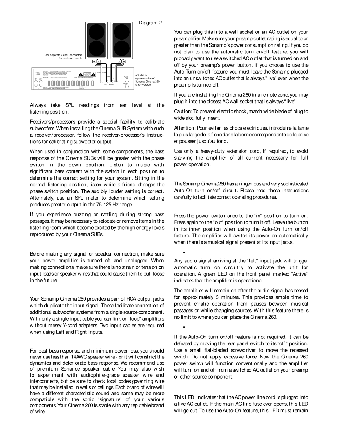 Sonance 260 important safety instructions Making Connections, Operating the Sonamp Cinema 