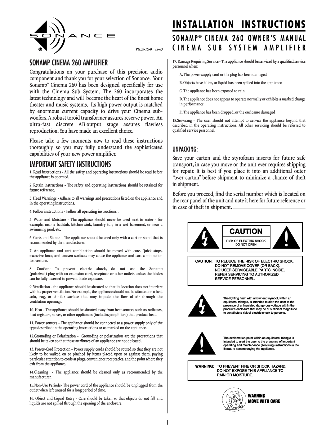 Sonance important safety instructions SONAMP CINEMA 260 AMPLIFIER, Important Safety Instructions, Unpacking 