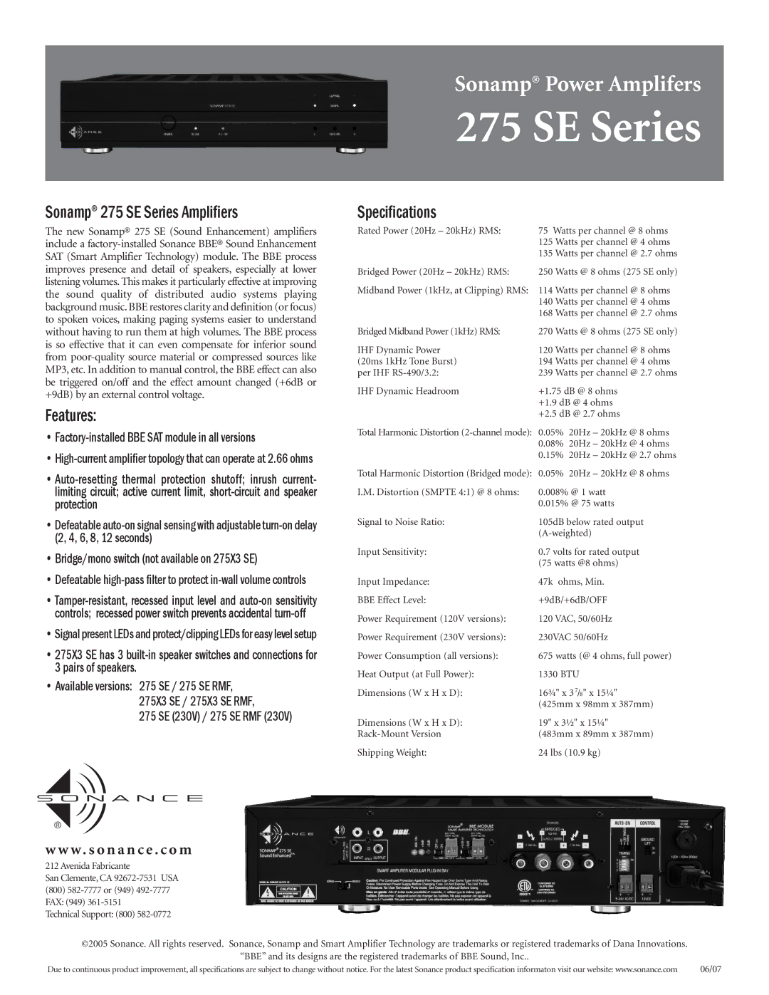 Sonance specifications Sonamp 275 SE Series Amplifiers, Features, Specifications, W . s o n a n c e . c o m 