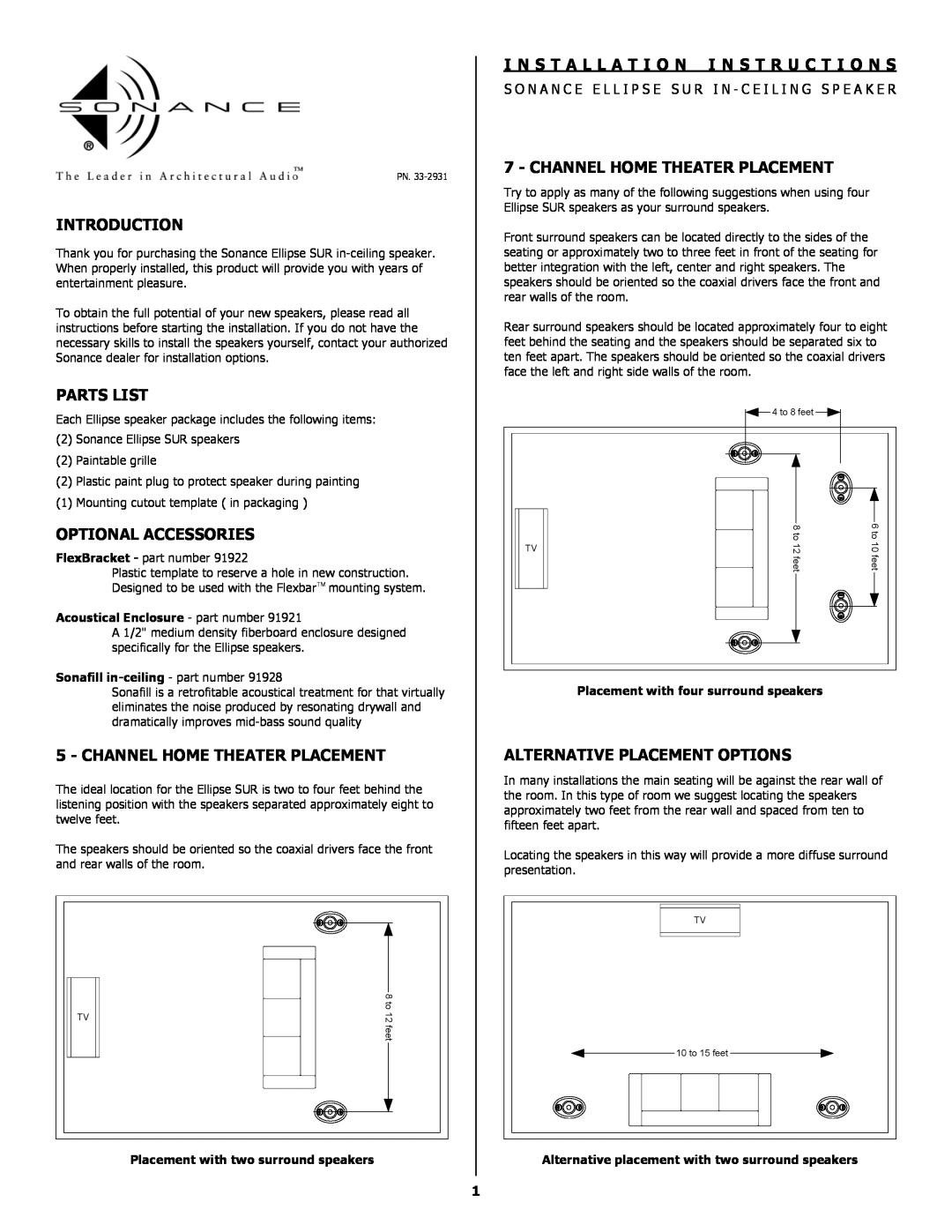 Sonance 33-2931 installation instructions Introduction, Parts List, Optional Accessories, Channel Home Theater Placement 