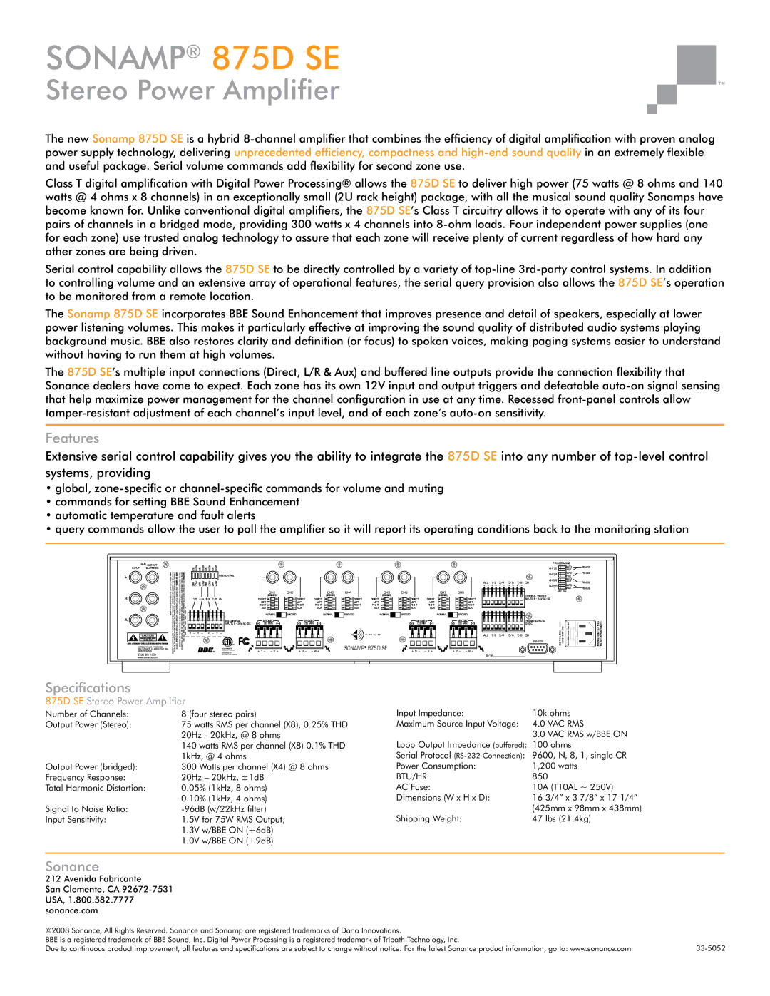 Sonance 33-5052, RS-232 manual Features, Specifications, Sonance, Vac Rms, Btu/Hr 