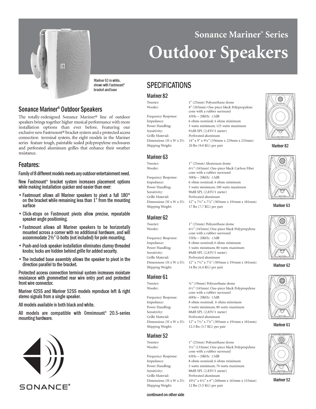 Sonance 62, 82, 61, 52, 63 specifications Sonance Mariner Outdoor Speakers, Features 