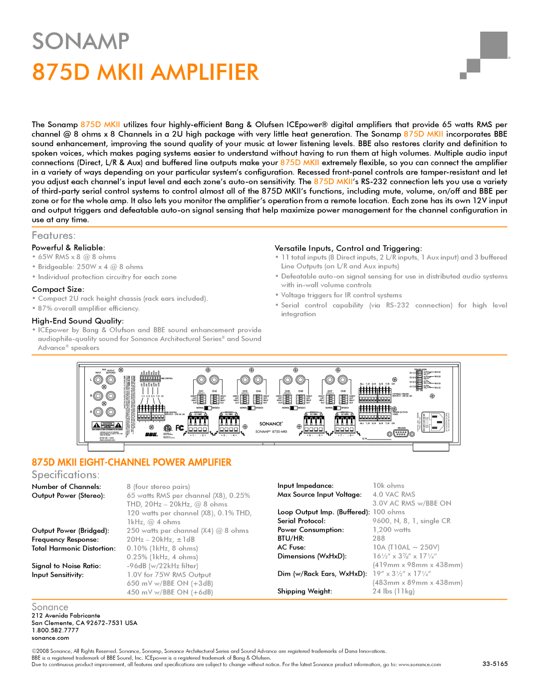 Sonance 875D MKII manual 875D Mkii Amplifier, Features, Speciﬁcations 