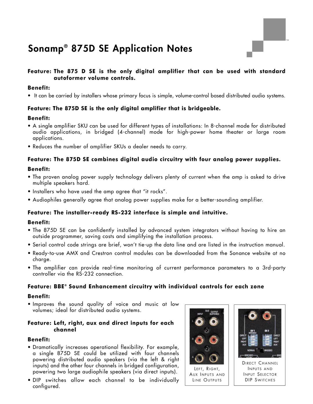 Sonance 875D SE manual X I N P U T S a N D N E O U T P U T S R E C T C H a N N E L 