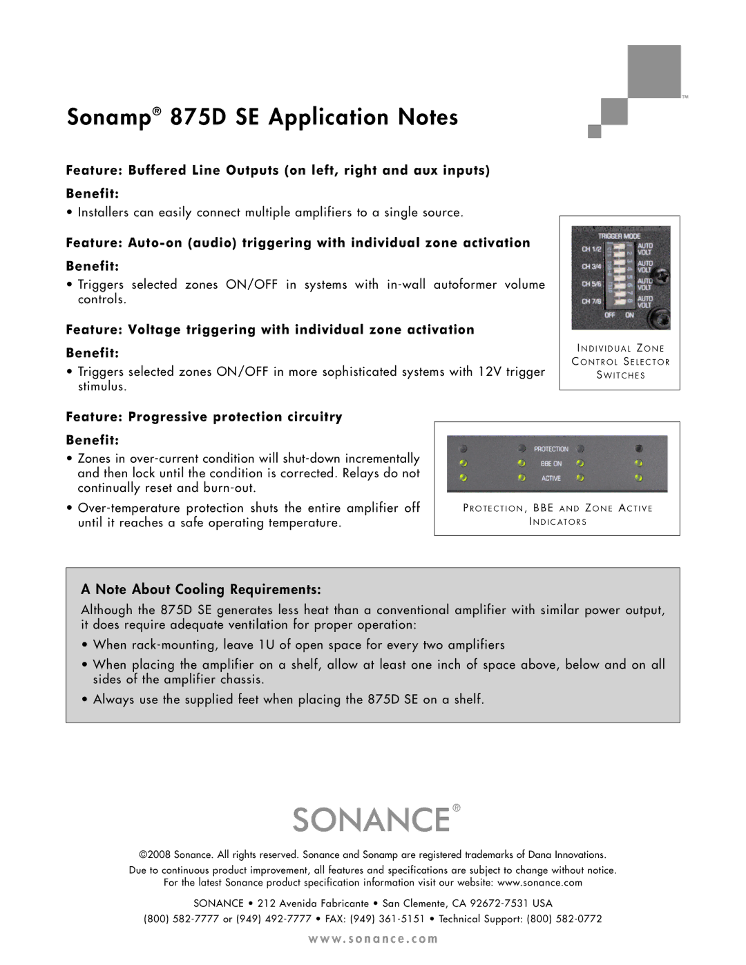 Sonance 875D SE manual Feature Progressive protection circuitry Benefit 