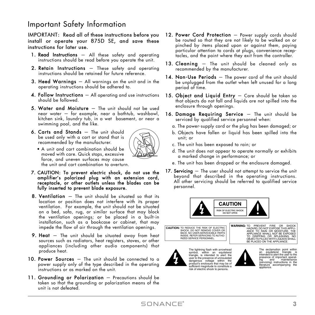 Sonance 875D SE instruction manual Important Safety Information, Ance to Rain or MOISTURE 