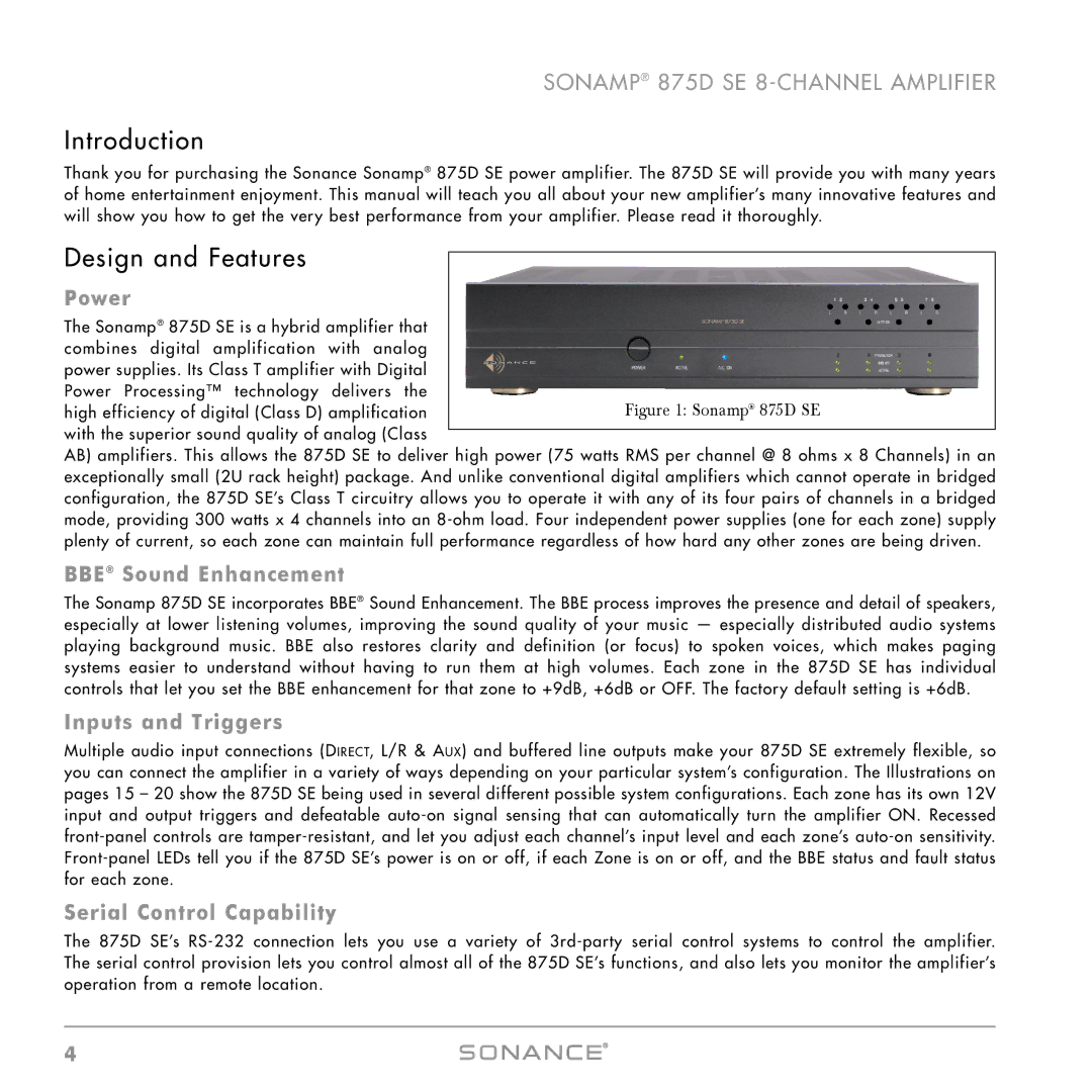 Sonance 875D SE instruction manual Introduction, Design and Features 