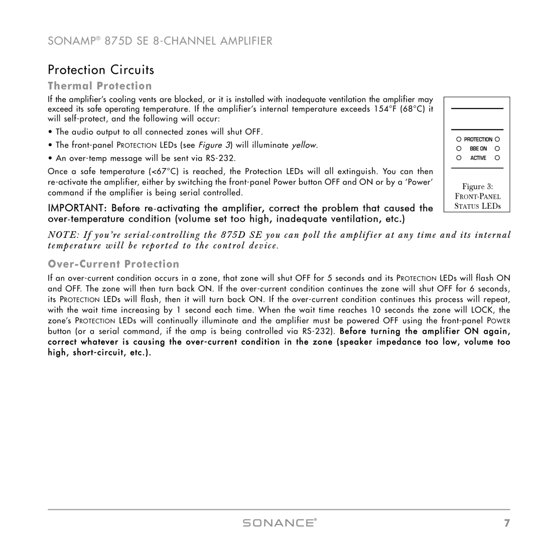 Sonance 875D SE instruction manual Protection Circuits, Thermal Protection, Over-Current Protection 