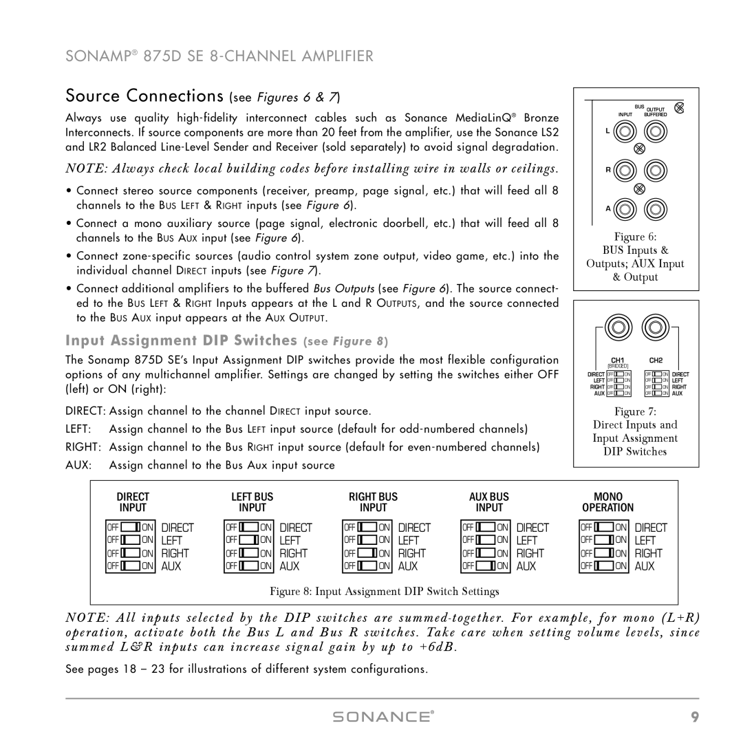 Sonance 875D SE instruction manual Source Connections see Figures 6, Input Assignment DIP Switches see Figure 