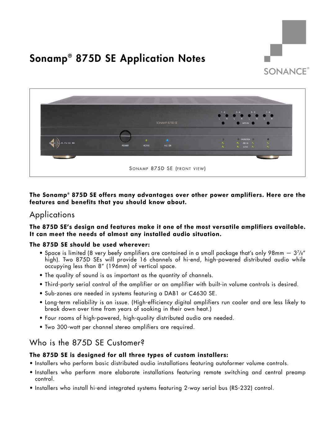 Sonance instruction manual SONAMP 875D SE, Channel Amplifier 