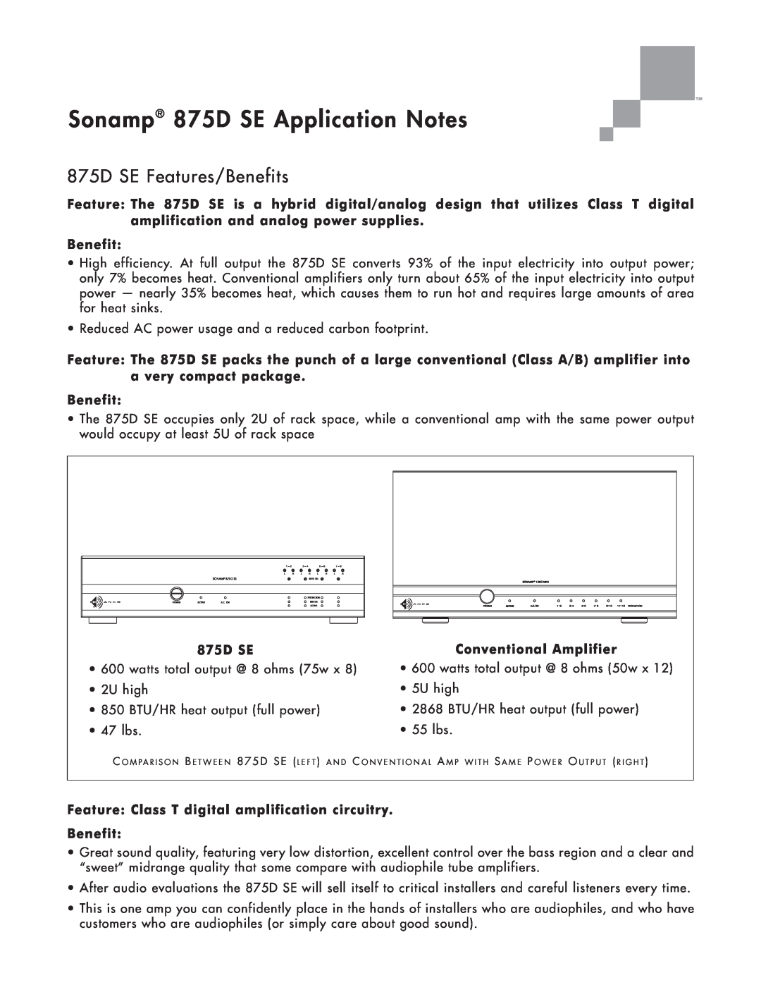 Sonance manual 875D SE Features/Benefits, Sonamp 875D SE Application Notes, Conventional Amplifier 