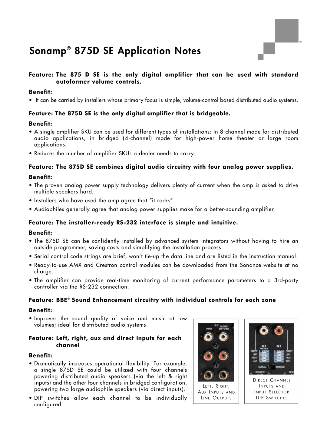 Sonance manual Sonamp 875D SE Application Notes, Benefit 