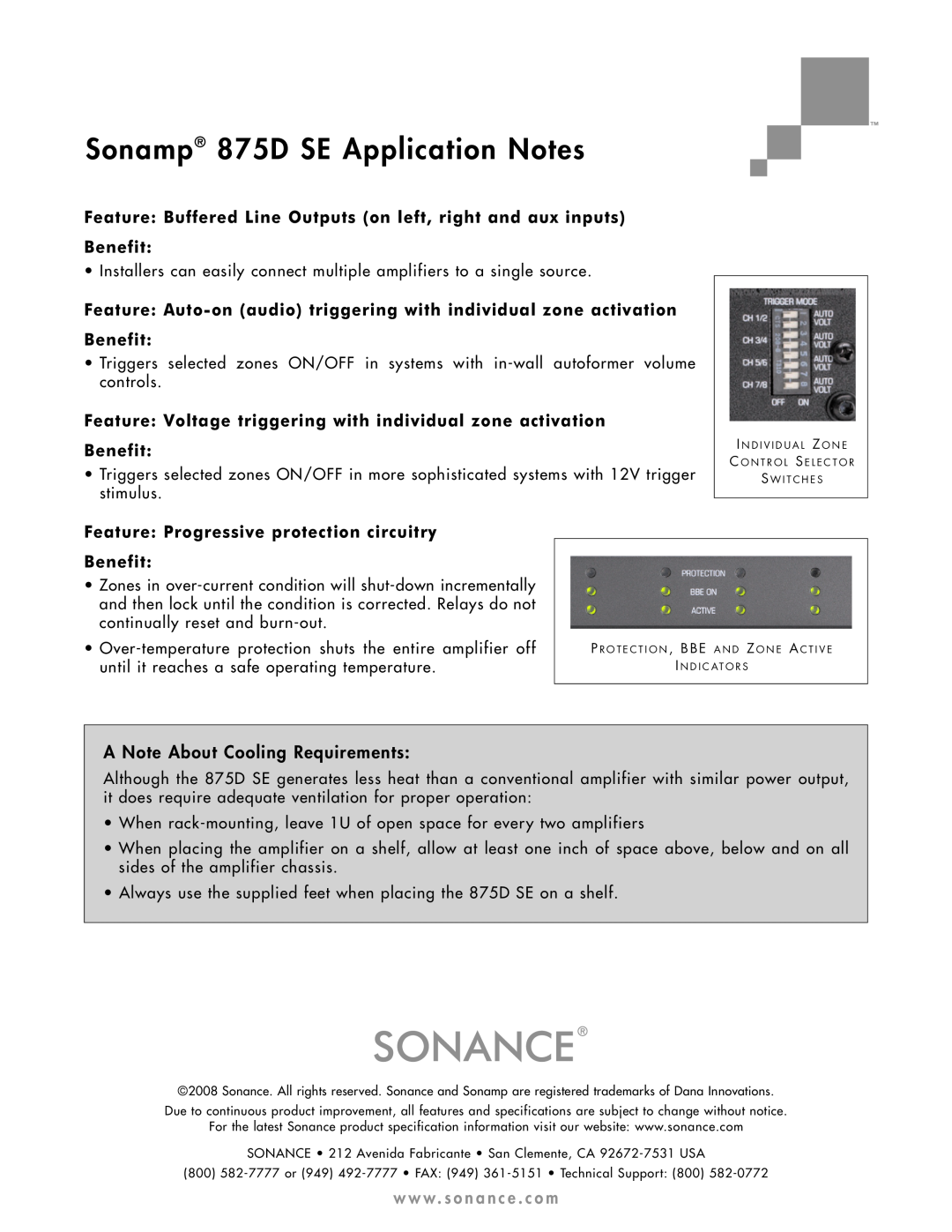 Sonance manual Sonamp 875D SE Application Notes, Feature Progressive protection circuitry Benefit 