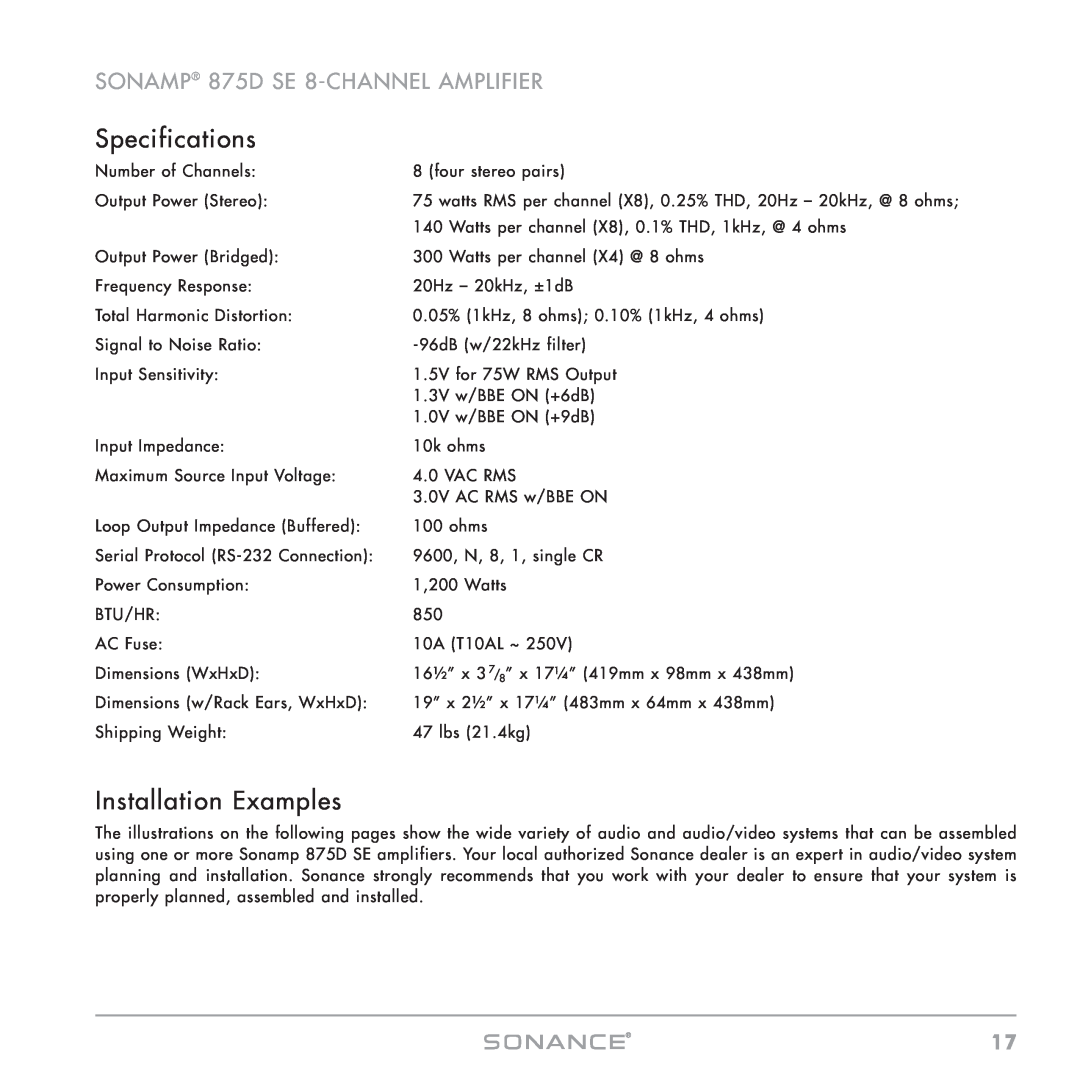 Sonance instruction manual Specifications, Installation Examples, SONAMP 875D SE 8-CHANNELAMPLIFIER 