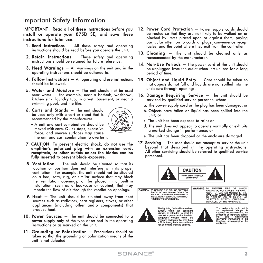 Sonance 875D SE instruction manual Important Safety Information 