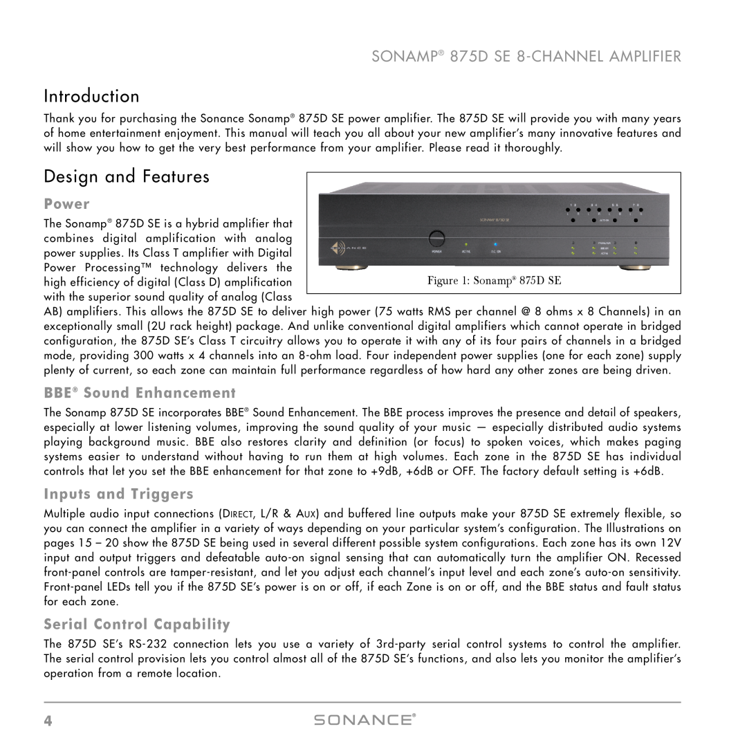 Sonance Introduction, Design and Features, SONAMP 875D SE 8-CHANNELAMPLIFIER, Power, BBE Sound Enhancement 