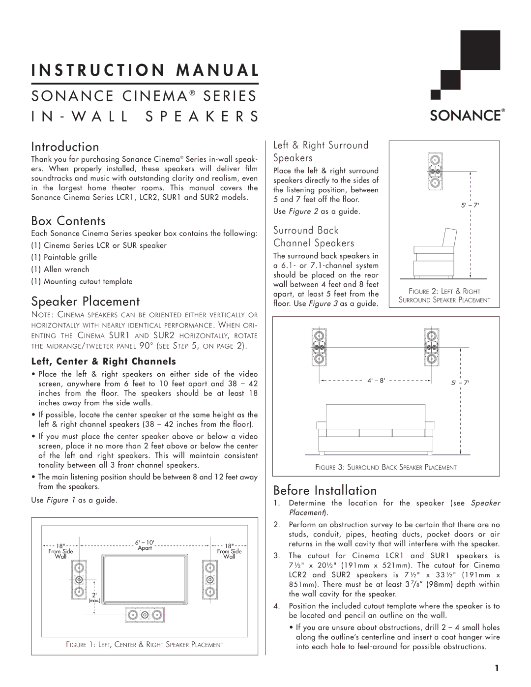 Sonance 91652 instruction manual Introduction, Box Contents, Speaker Placement, Before Installation 