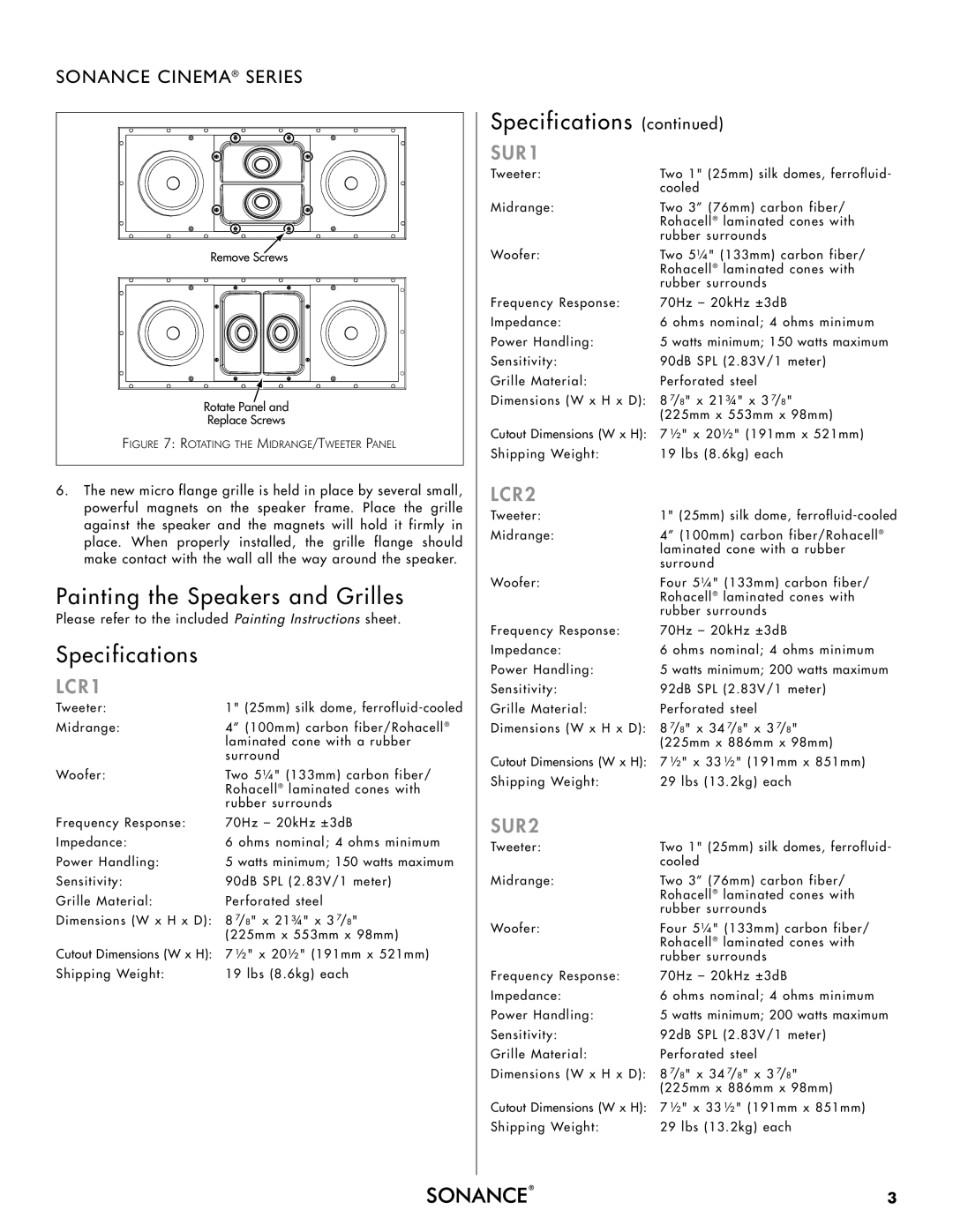 Sonance 91652 instruction manual Painting the Speakers and Grilles, Specifications 