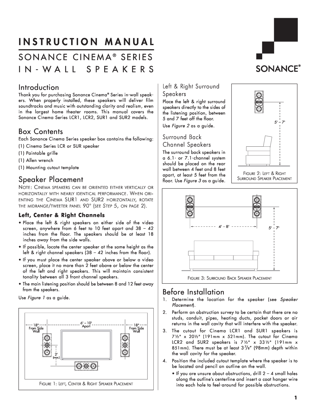 Sonance 91652 instruction manual Introduction, Box Contents, Speaker Placement, Before Installation 