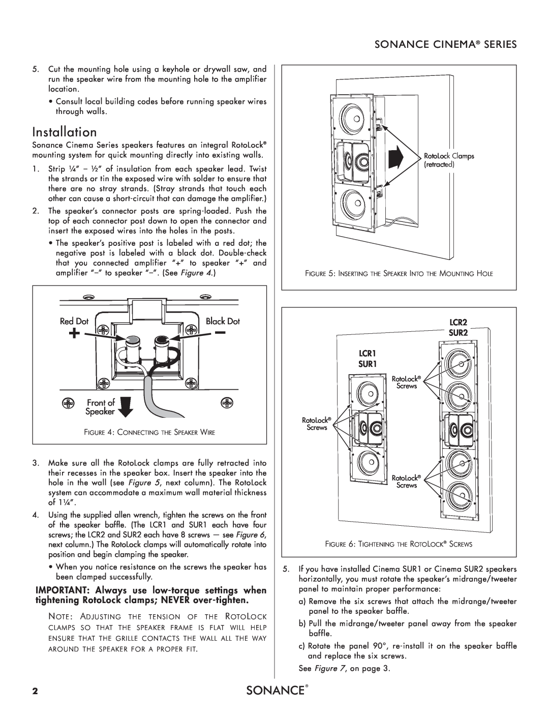 Sonance 91652 instruction manual Installation, Sonance Cinema Series, Front of, Speaker 