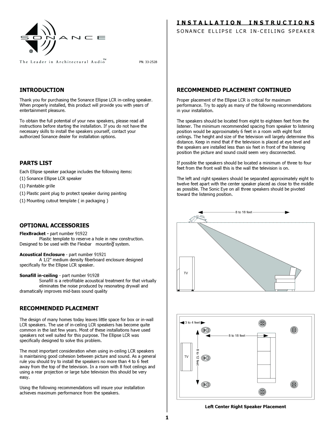 Sonance 91922 installation instructions Introduction, Parts List, Optional Accessories, Recommended Placement 