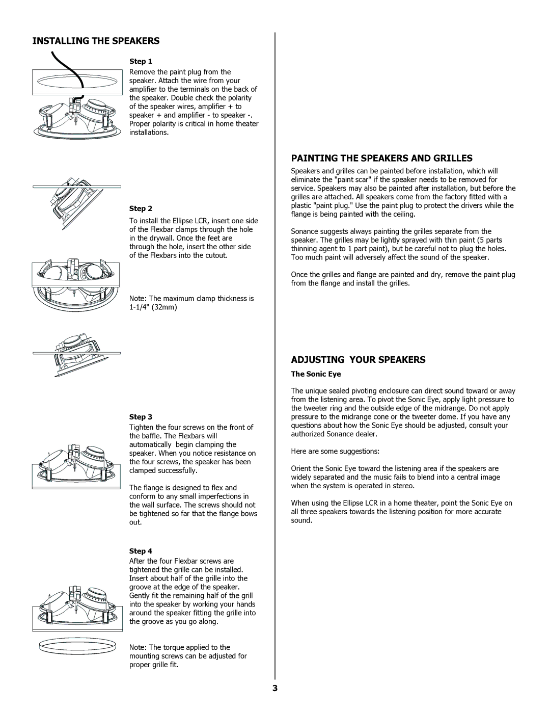 Sonance 91922 Installing the Speakers, Painting the Speakers and Grilles, Adjusting Your Speakers, Step, Sonic Eye 