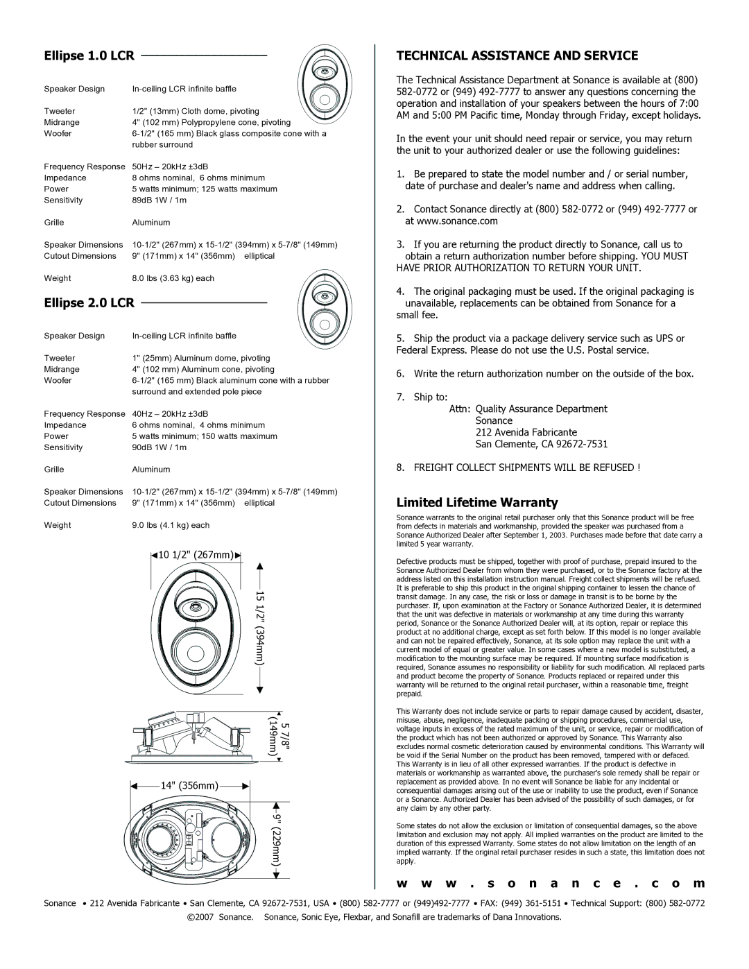 Sonance 91922 installation instructions Ellipse 1.0 LCR, Technical Assistance and Service 