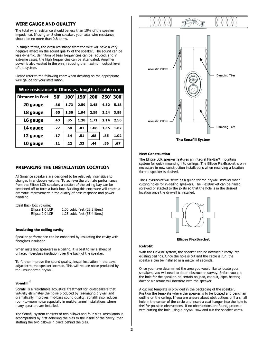 Sonance 91922 installation instructions Wire Gauge And Quality, Wire resistance in Ohms vs. length of cable run 