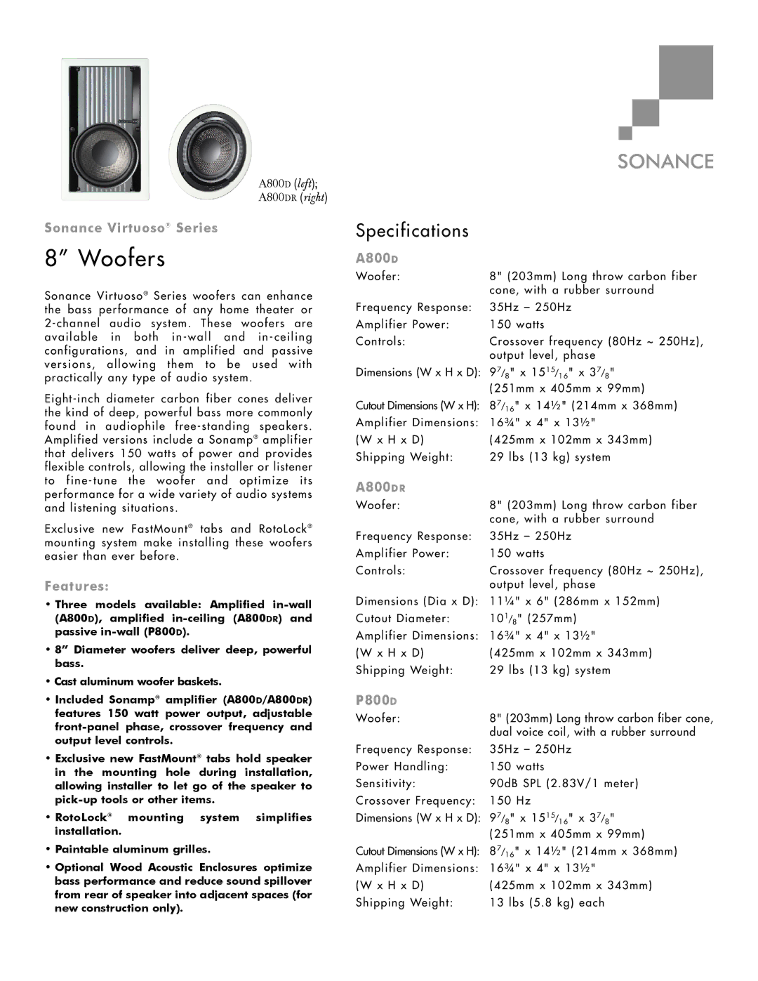 Sonance A800DR specifications Woofers, Specifications 