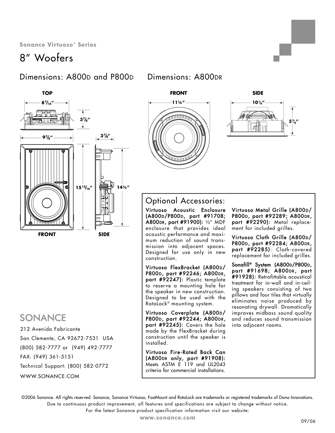 Sonance specifications Dimensions A800D and P800D, Dimensions A800DR, Optional Accessories 